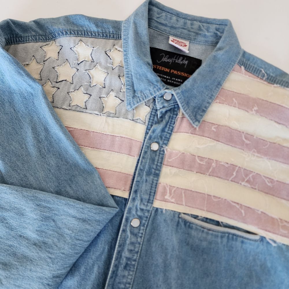 Western Passion flag denim button front shirt long sleeve mens size L
